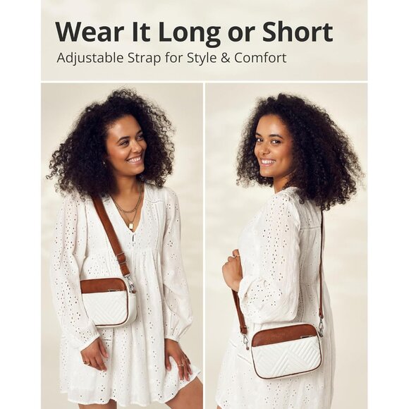 Minimalist White & Brown Crossbody Bag for Women, RFID Blocking, Adjustable Stra - Picture 4 of 7